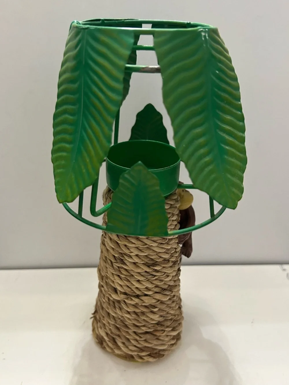 Vintage Palm Tree Wicker Tealight Monkey and Removable Metal Tealight Leaf Shade